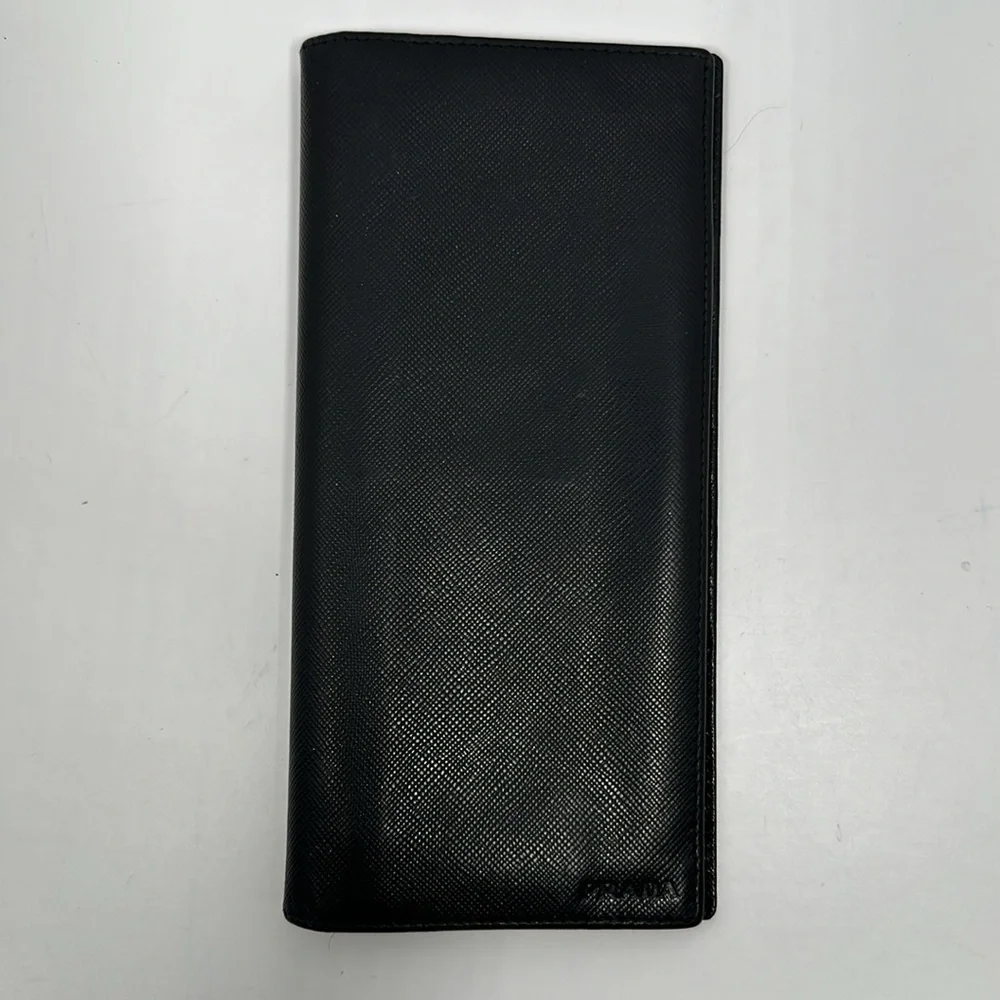 Authentic PRADA Men's Saffiano Leather Bi-Fold Long Wallet- Black